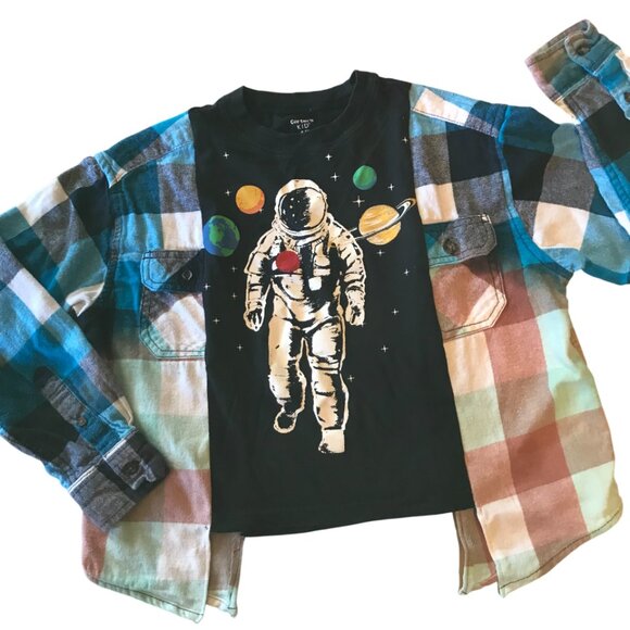 Upcycled Oversized Astronaut Graphic T-Shirt Child’s Size 4-8: Reworked Flannel - Picture 7 of 10
